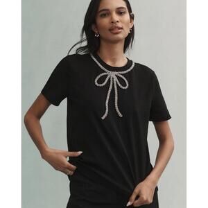 Maeve Black T-Shirt with Rhinestone Bow Detail sz M